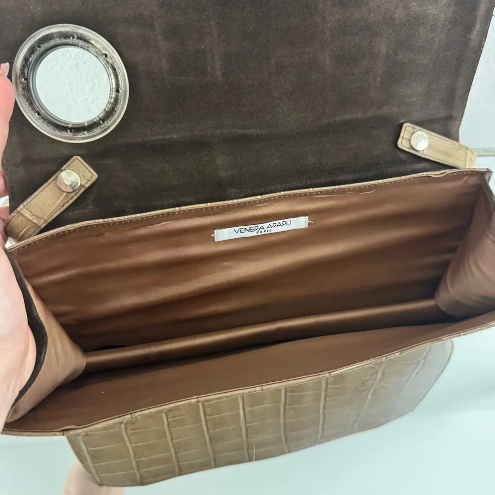 VENERA ARAPU Vintage 90s Brown Tan Suede Leather Embossed Flower Shoulder Bag